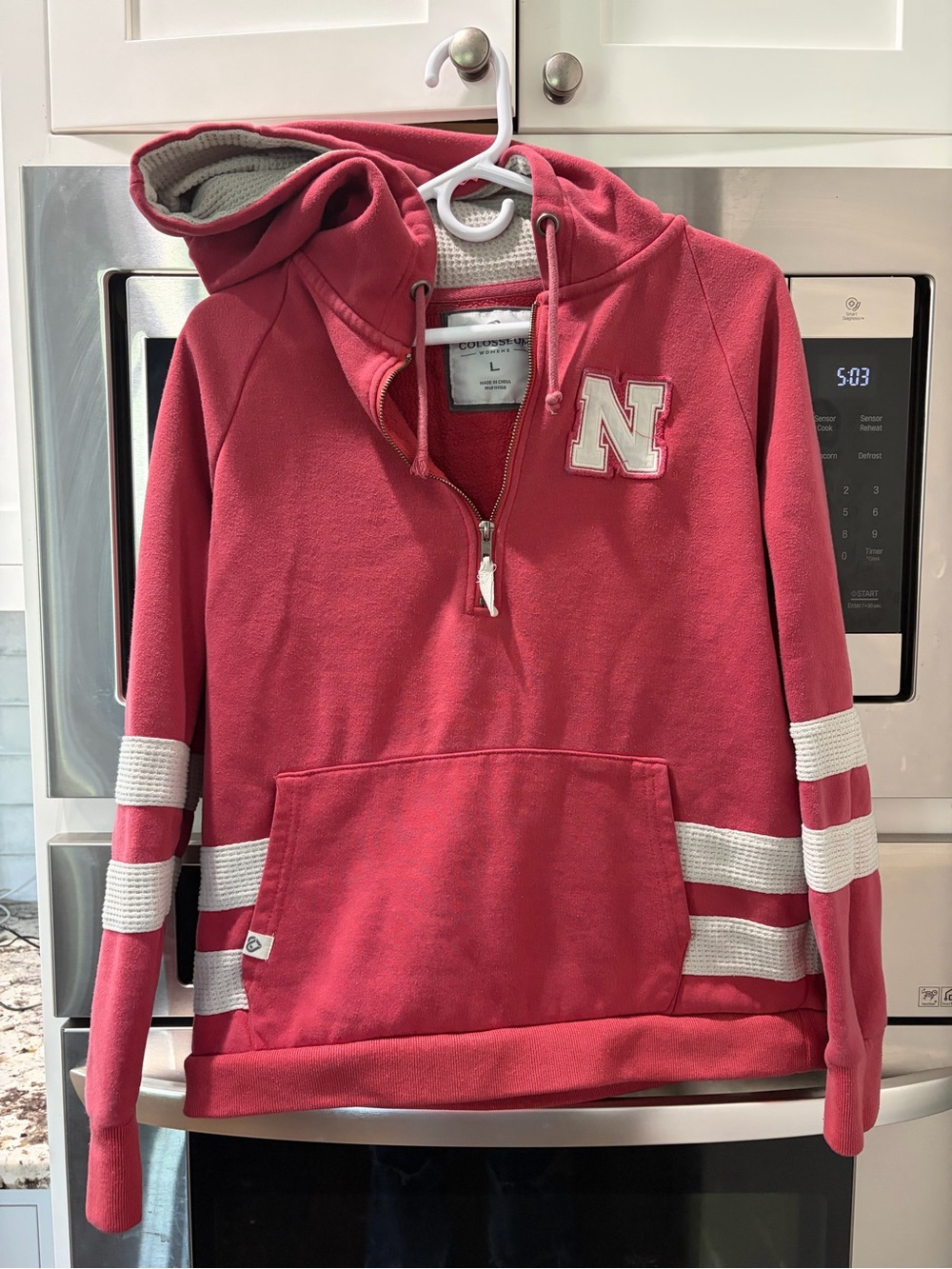 Nebraska Cornhuskers Half-Zip Hooded V-Neck Sweater with White Stripe Accents